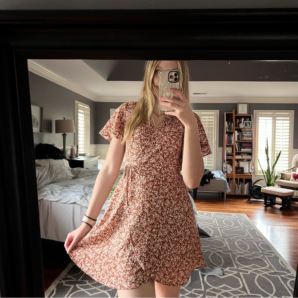 Monteau Floral Print Wrap Dress midi orange